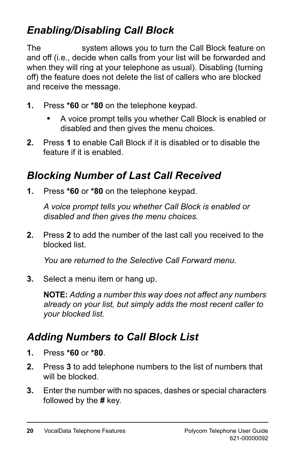 Enabling/disabling call block, Blocking number of last call received, Adding numbers to call block list | Polycom 400 User Manual | Page 27 / 132