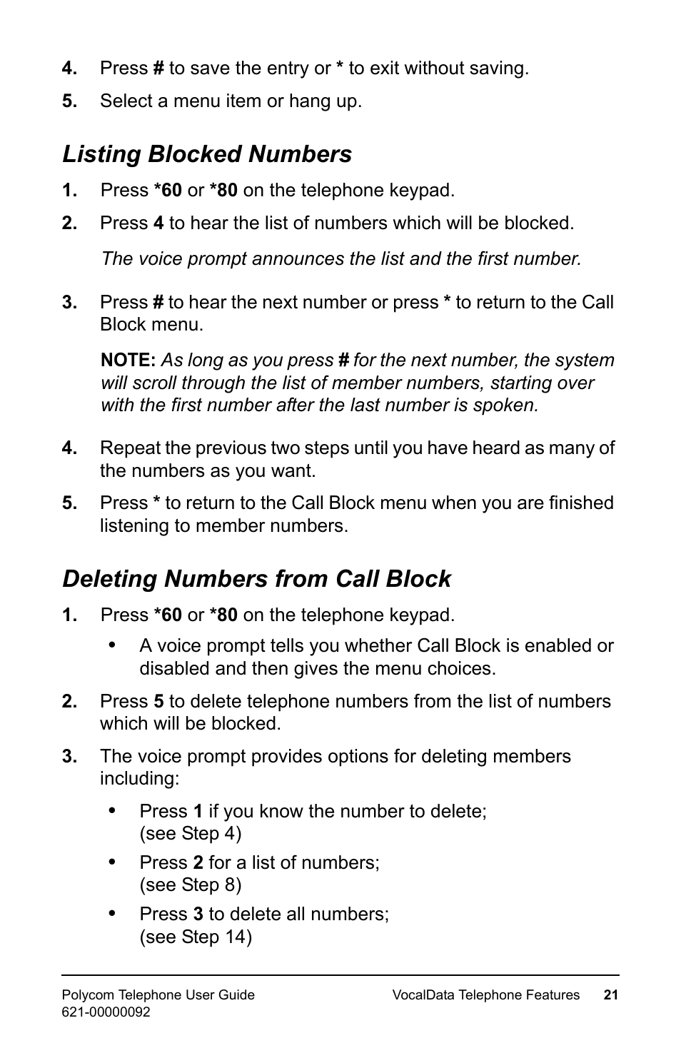 Listing blocked numbers, Deleting numbers from call block | Polycom 400 User Manual | Page 28 / 132