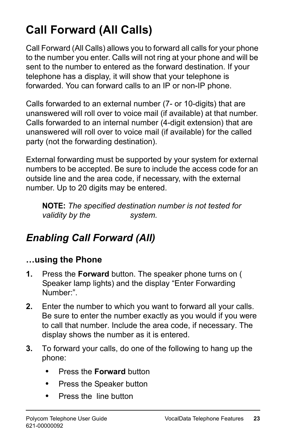 Call forward (all calls), Enabling call forward (all), Using the phone | Polycom 400 User Manual | Page 30 / 132