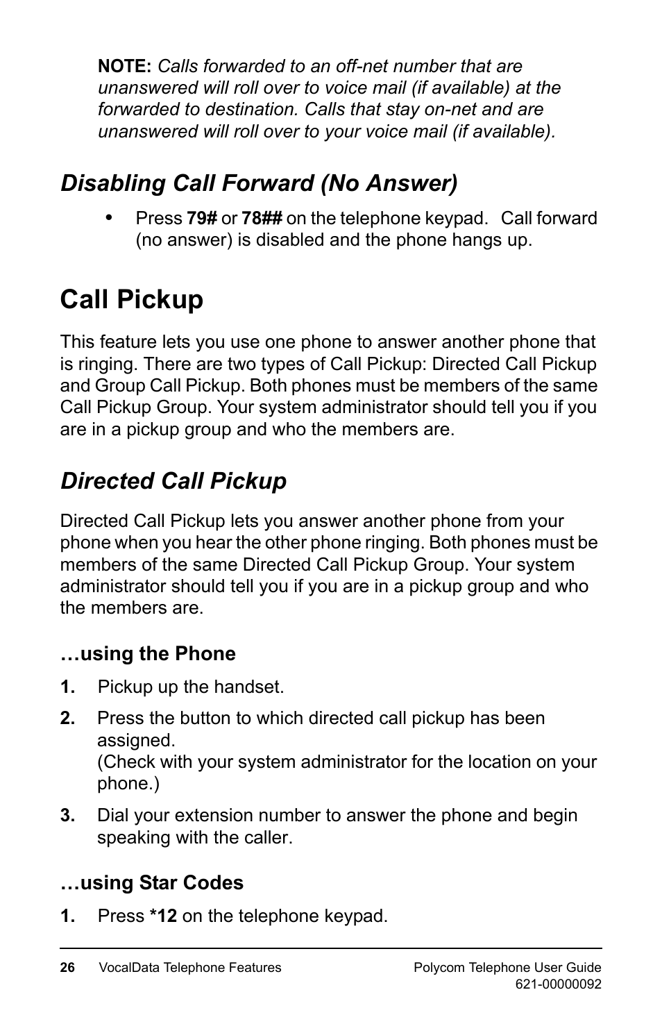 Disabling call forward (no answer), Call pickup, Directed call pickup | Using the phone, Using star codes, Using the phone …using star codes | Polycom 400 User Manual | Page 33 / 132