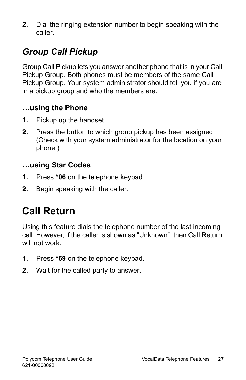 Group call pickup, Using the phone, Using star codes | Call return, Using the phone …using star codes | Polycom 400 User Manual | Page 34 / 132