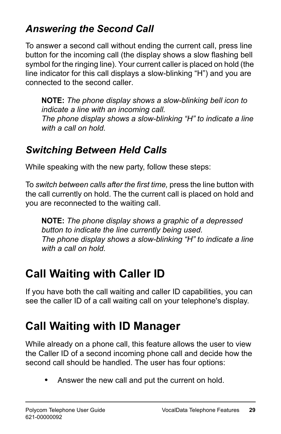 Answering the second call, Switching between held calls, Call waiting with caller id | Call waiting with id manager | Polycom 400 User Manual | Page 36 / 132