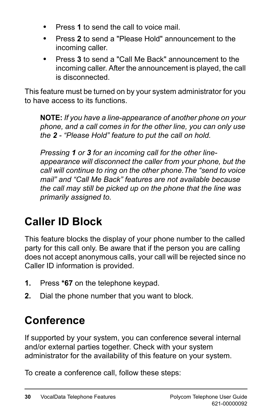 Caller id block, Conference, Caller id block conference | Polycom 400 User Manual | Page 37 / 132