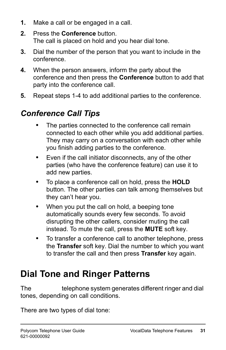 Conference call tips, Dial tone and ringer patterns | Polycom 400 User Manual | Page 38 / 132