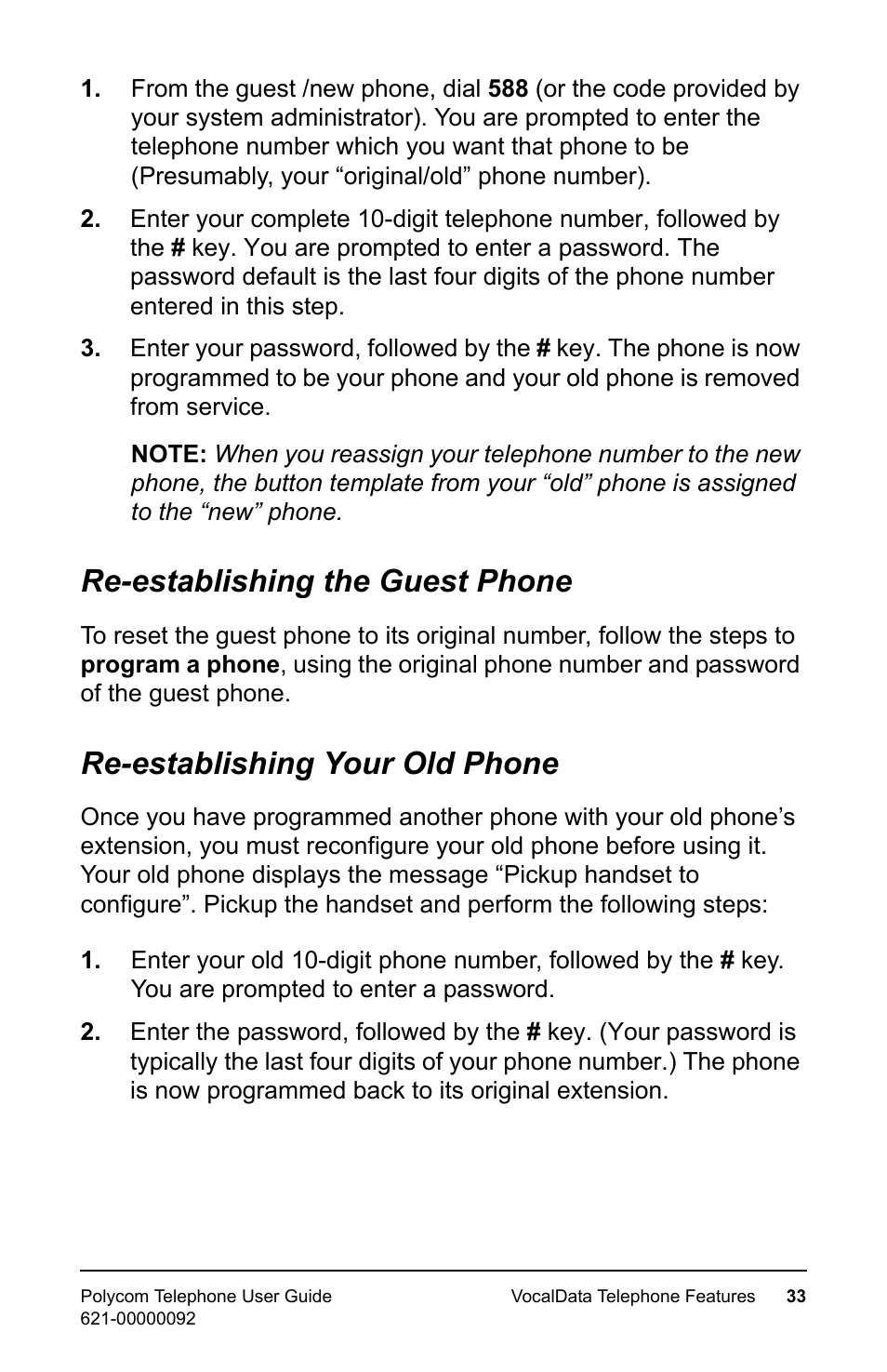 Re-establishing the guest phone, Re-establishing your old phone | Polycom 400 User Manual | Page 40 / 132