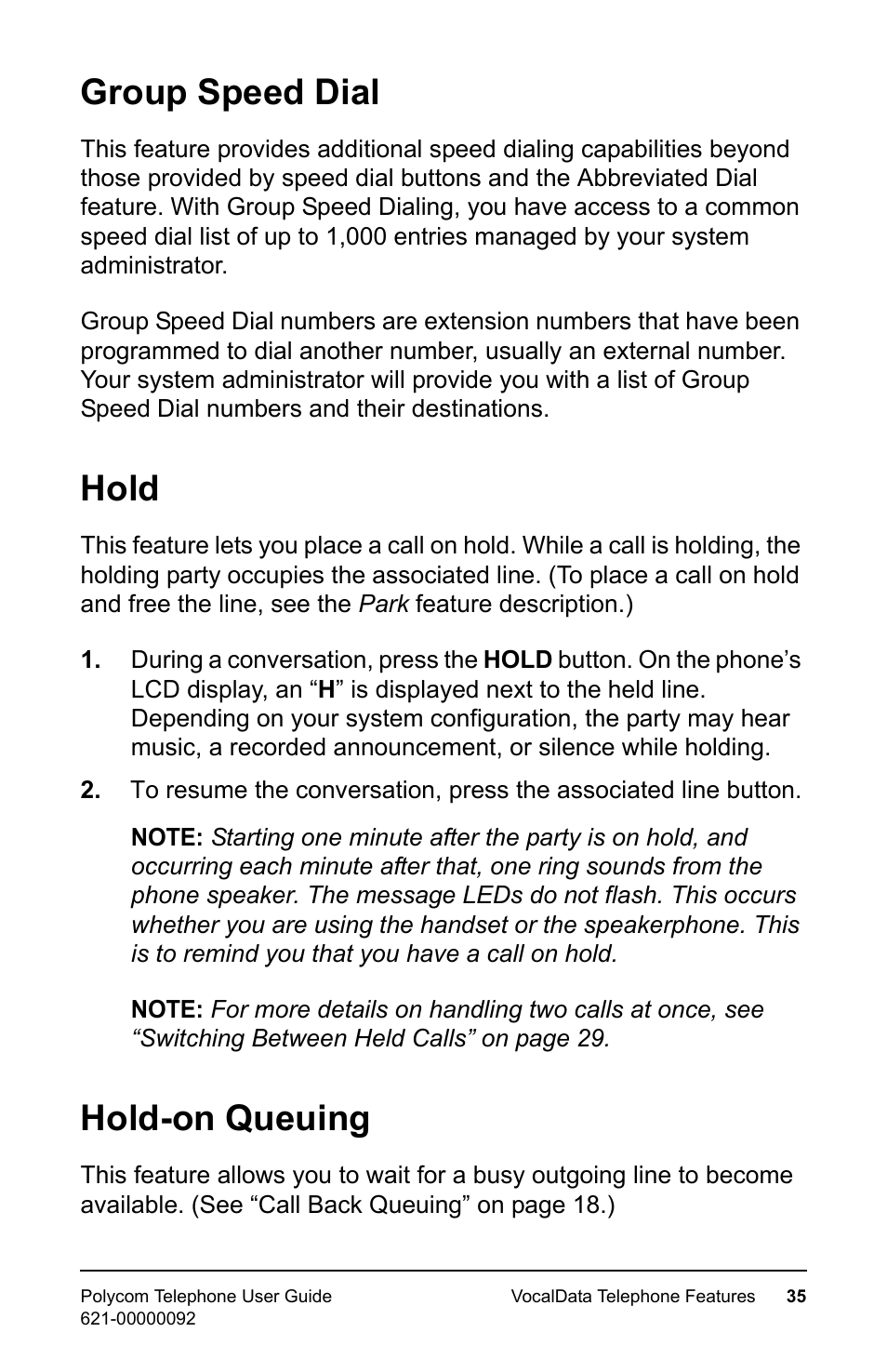 Group speed dial, Hold, Hold-on queuing | Group speed dial hold hold-on queuing | Polycom 400 User Manual | Page 42 / 132