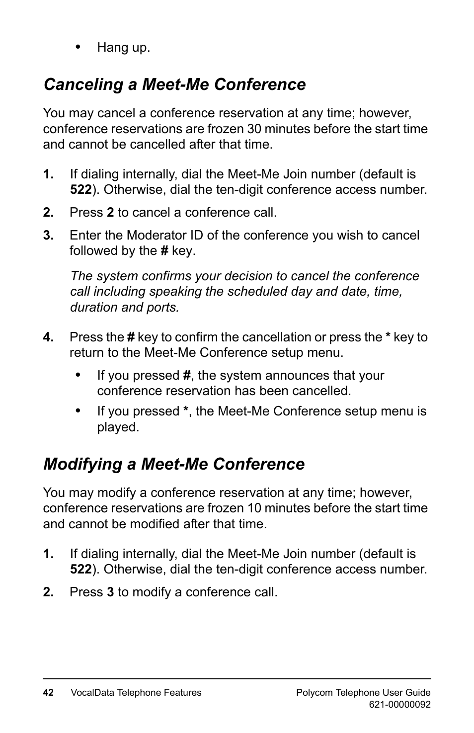 Canceling a meet-me conference, Modifying a meet-me conference | Polycom 400 User Manual | Page 49 / 132