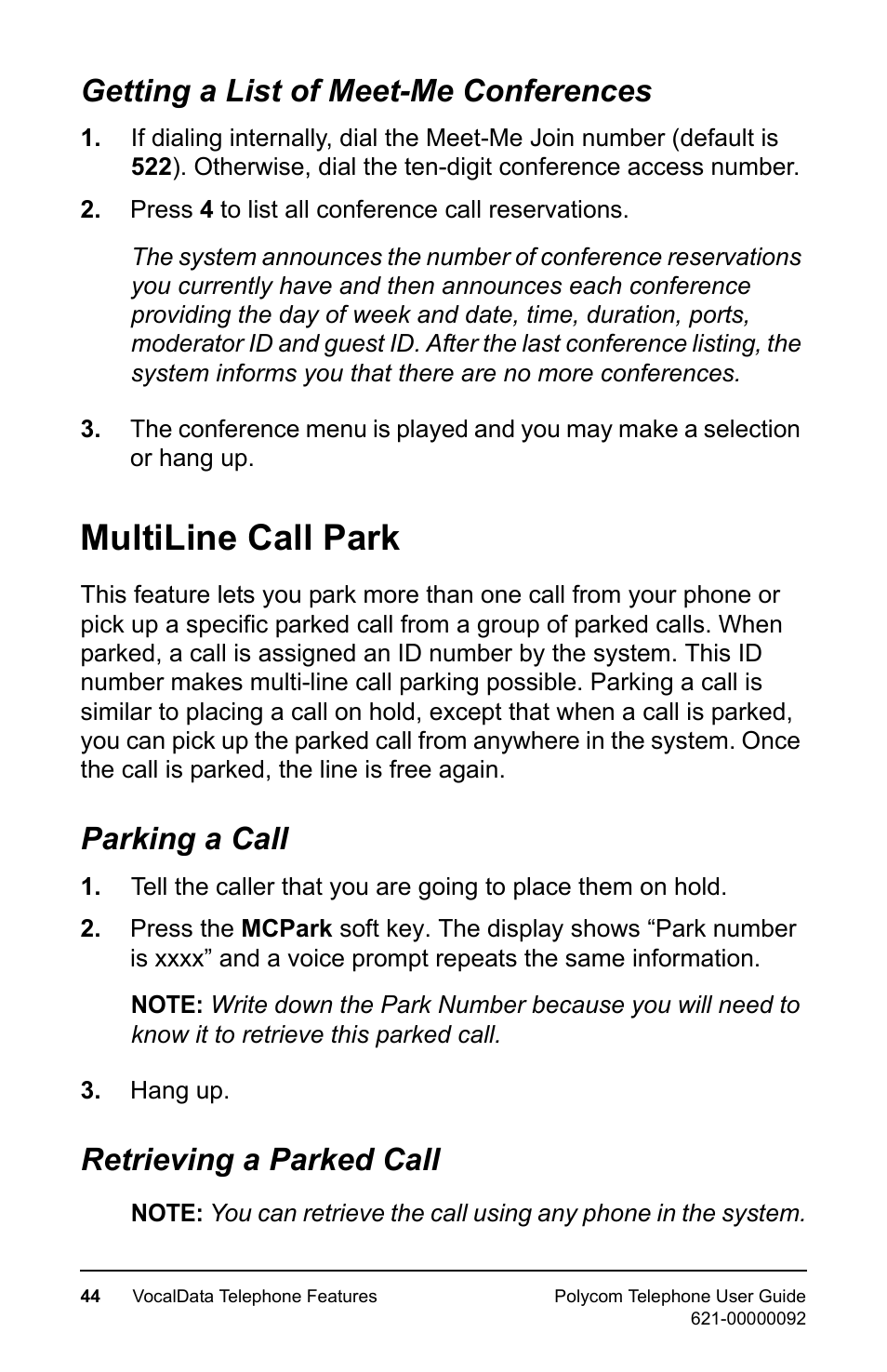 Getting a list of meet-me conferences, Multiline call park, Parking a call | Retrieving a parked call, Parking a call retrieving a parked call | Polycom 400 User Manual | Page 51 / 132