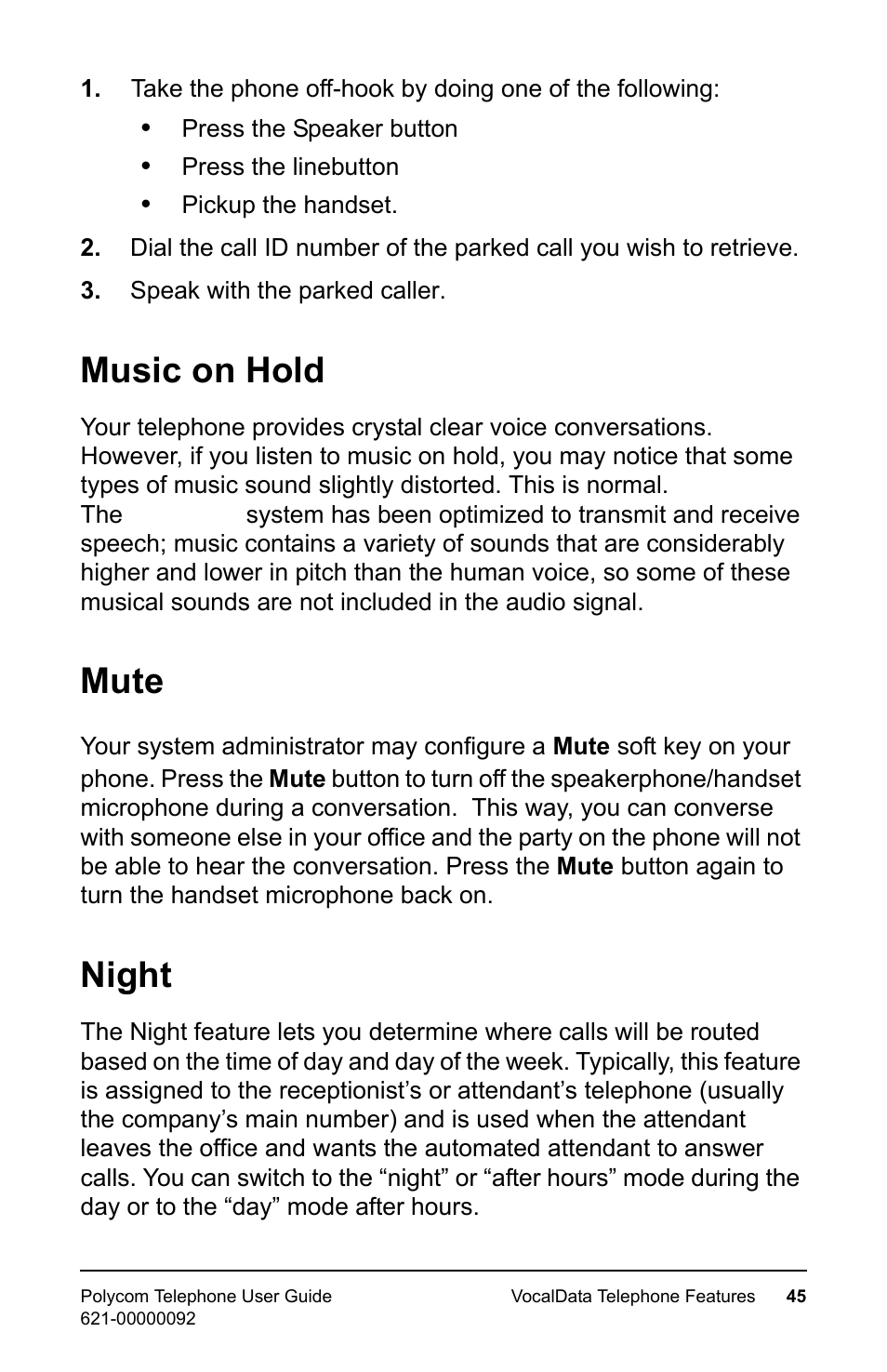 Music on hold, Mute, Night | Music on hold mute night | Polycom 400 User Manual | Page 52 / 132