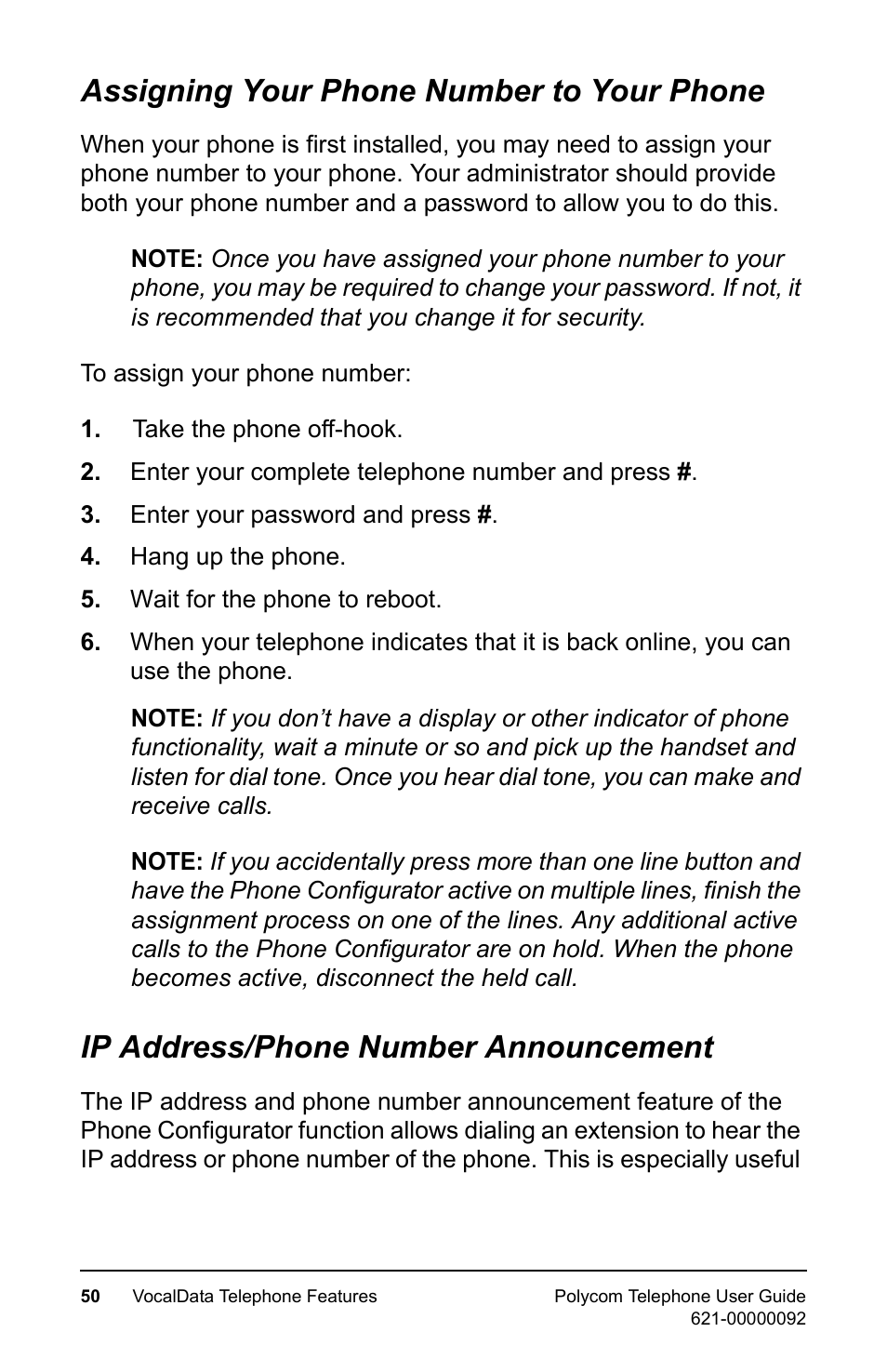 Assigning your phone number to your phone, Ip address/phone number announcement | Polycom 400 User Manual | Page 57 / 132