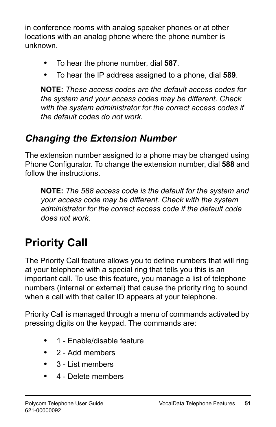 Changing the extension number, Priority call | Polycom 400 User Manual | Page 58 / 132