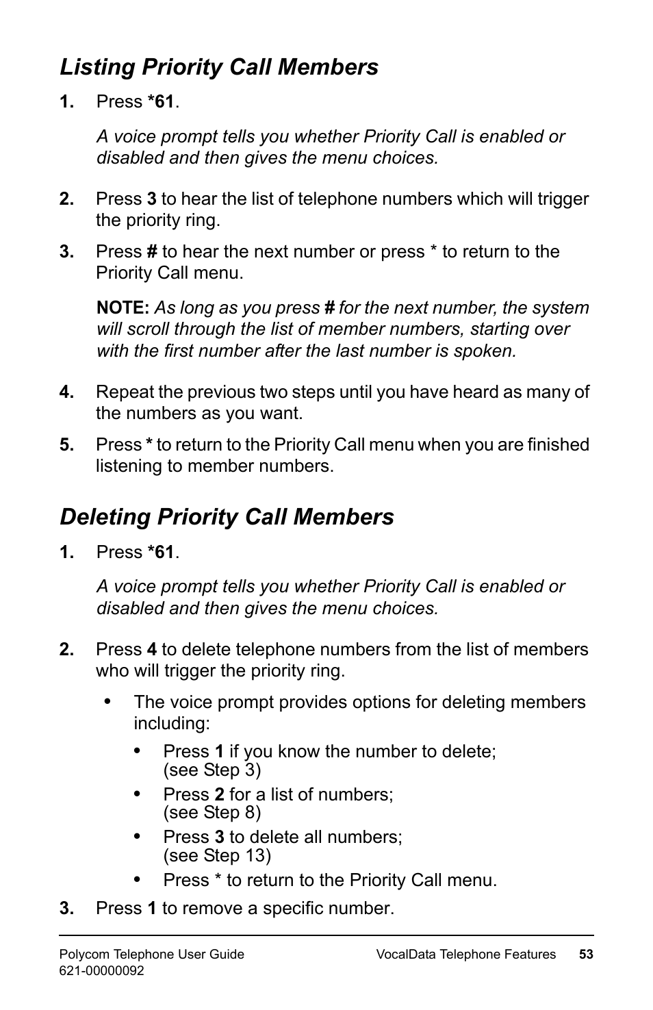 Listing priority call members, Deleting priority call members | Polycom 400 User Manual | Page 60 / 132