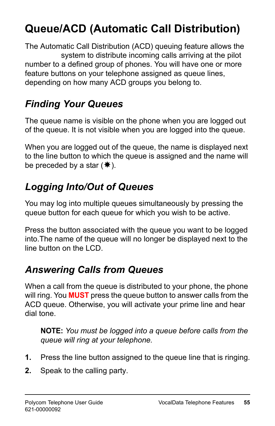 Queue/acd (automatic call distribution), Finding your queues, Logging into/out of queues | Answering calls from queues | Polycom 400 User Manual | Page 62 / 132