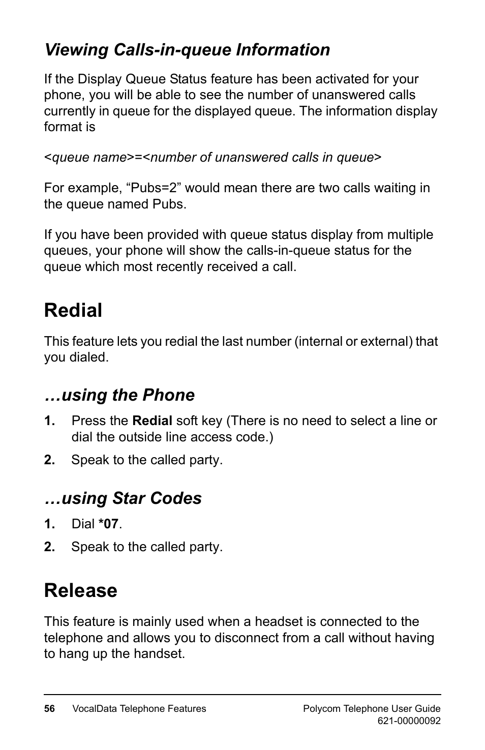 Viewing calls-in-queue information, Redial, Using the phone | Using star codes, Release, Using the phone …using star codes | Polycom 400 User Manual | Page 63 / 132