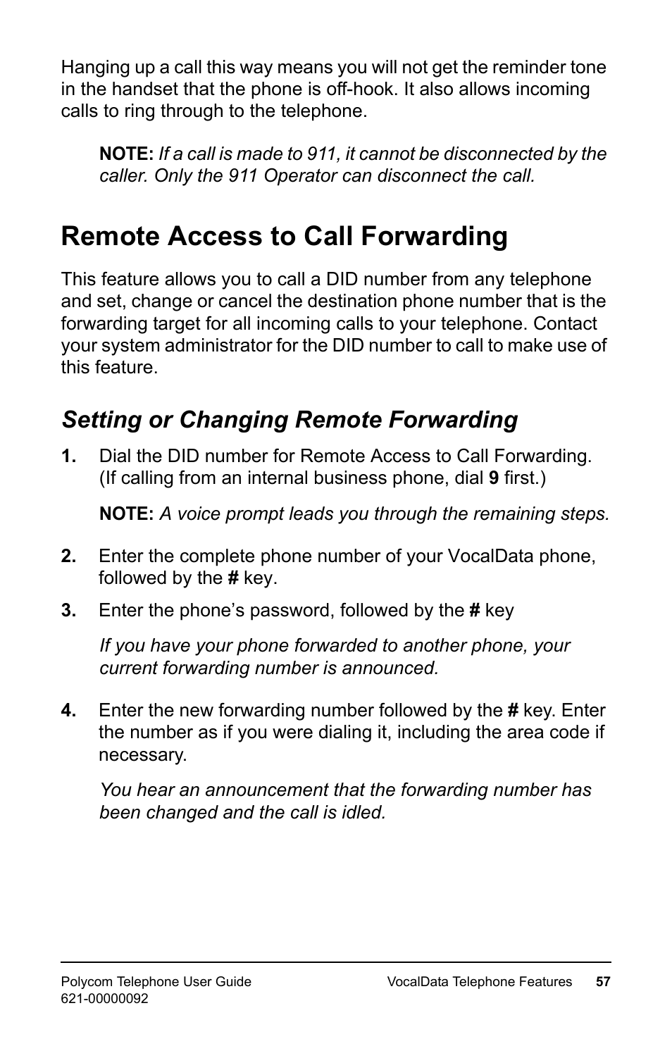 Remote access to call forwarding, Setting or changing remote forwarding | Polycom 400 User Manual | Page 64 / 132