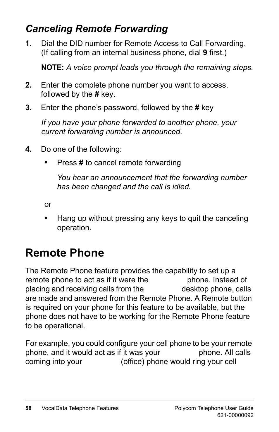 Canceling remote forwarding, Remote phone | Polycom 400 User Manual | Page 65 / 132