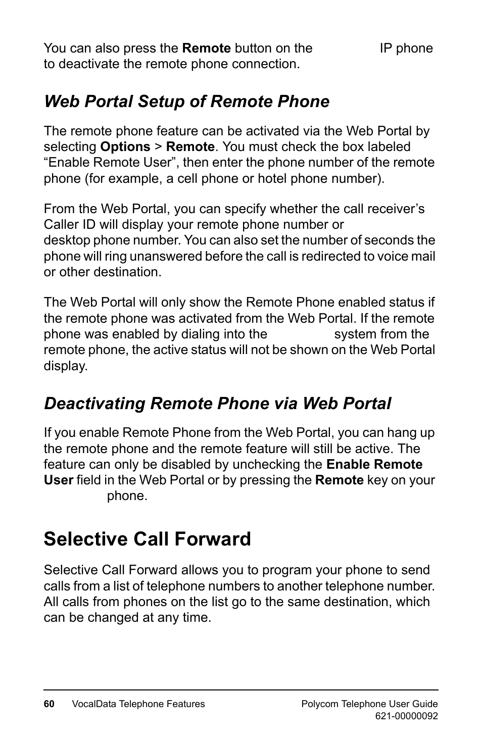 Web portal setup of remote phone, Deactivating remote phone via web portal, Selective call forward | Polycom 400 User Manual | Page 67 / 132
