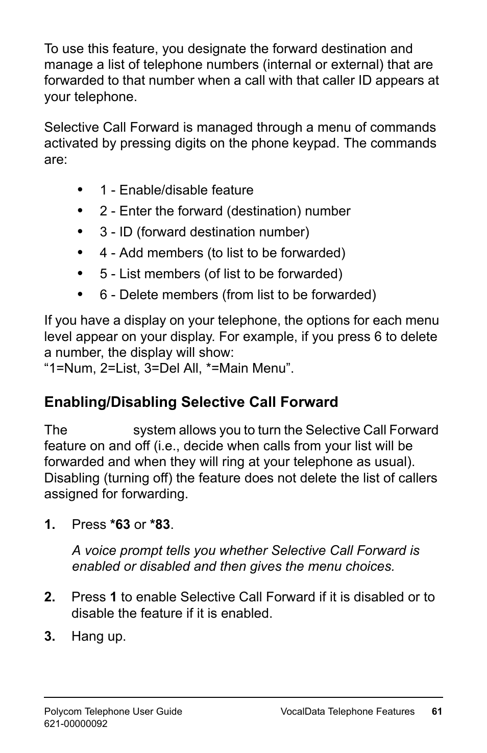 Enabling/disabling selective call forward | Polycom 400 User Manual | Page 68 / 132