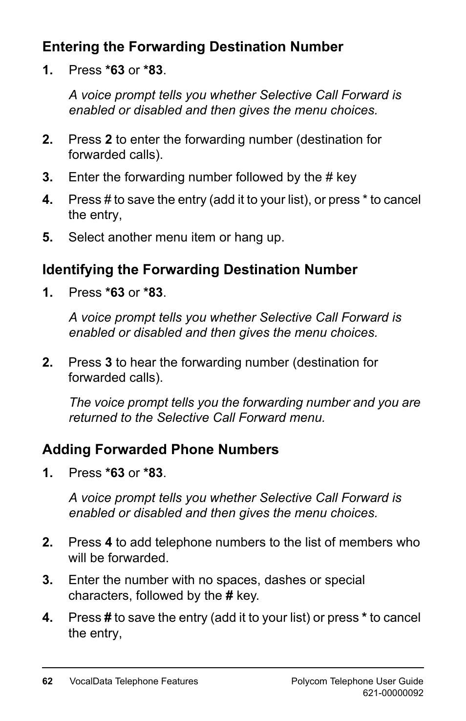 Entering the forwarding destination number, Identifying the forwarding destination number, Adding forwarded phone numbers | Polycom 400 User Manual | Page 69 / 132