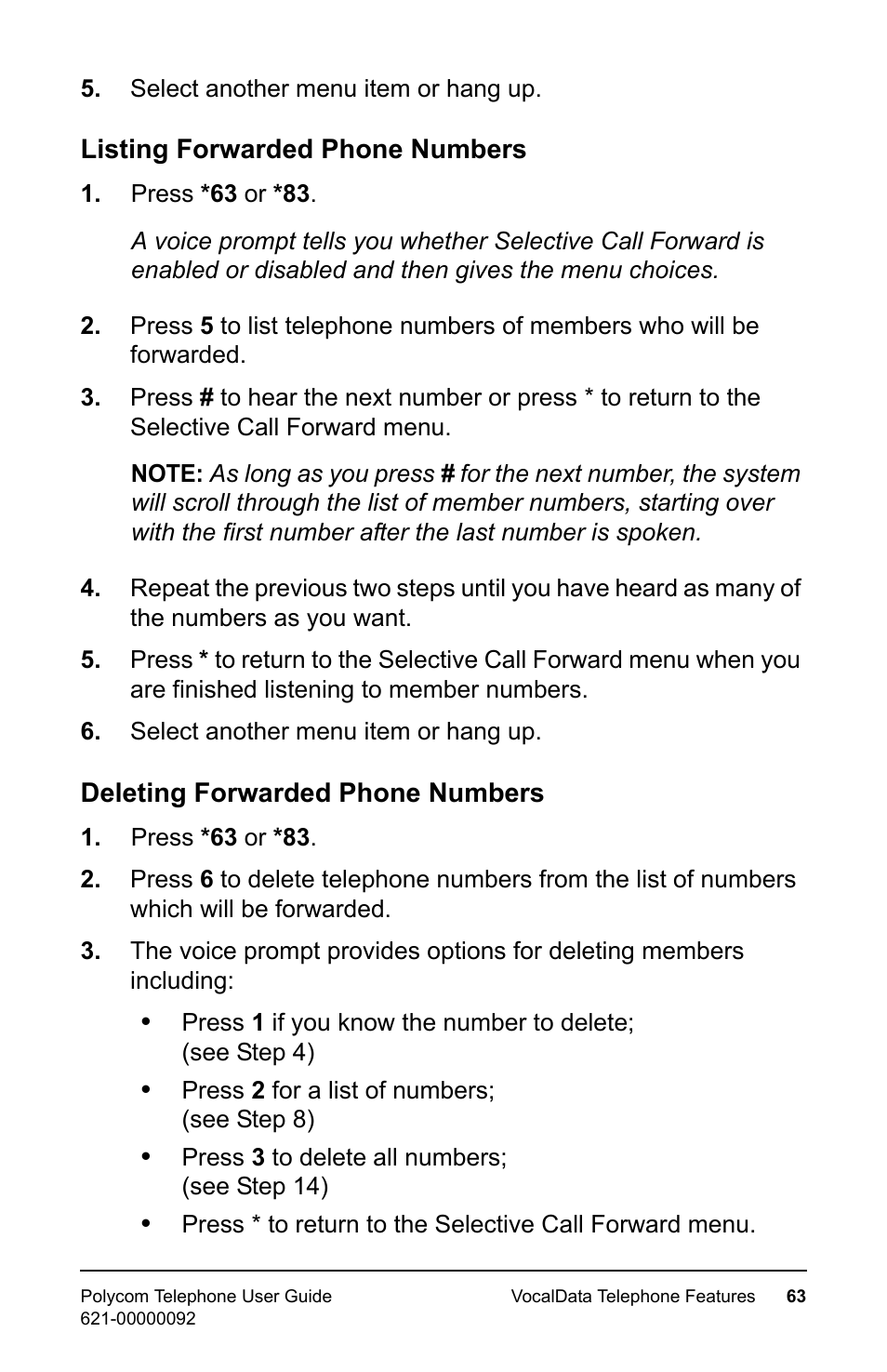 Listing forwarded phone numbers, Deleting forwarded phone numbers | Polycom 400 User Manual | Page 70 / 132