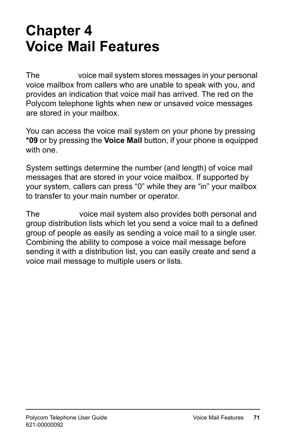 Voice mail features, Chapter 4 voice mail features | Polycom 400 User Manual | Page 78 / 132