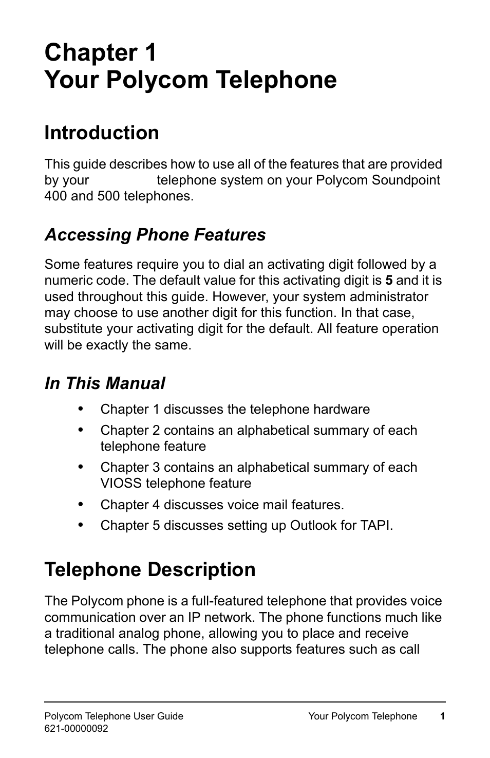 Your polycom telephone, Introduction, Accessing phone features | In this manual, Telephone description, Accessing phone features in this manual, Chapter 1 your polycom telephone | Polycom 400 User Manual | Page 8 / 132