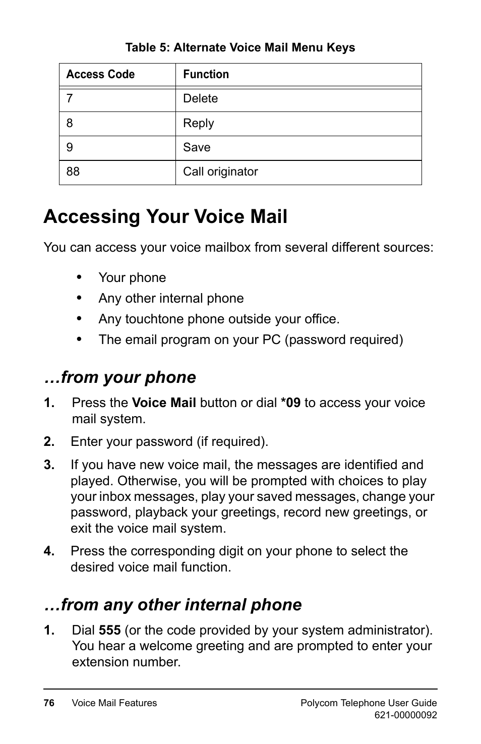 Accessing your voice mail, From your phone, From any other internal phone | From your phone …from any other internal phone | Polycom 400 User Manual | Page 83 / 132