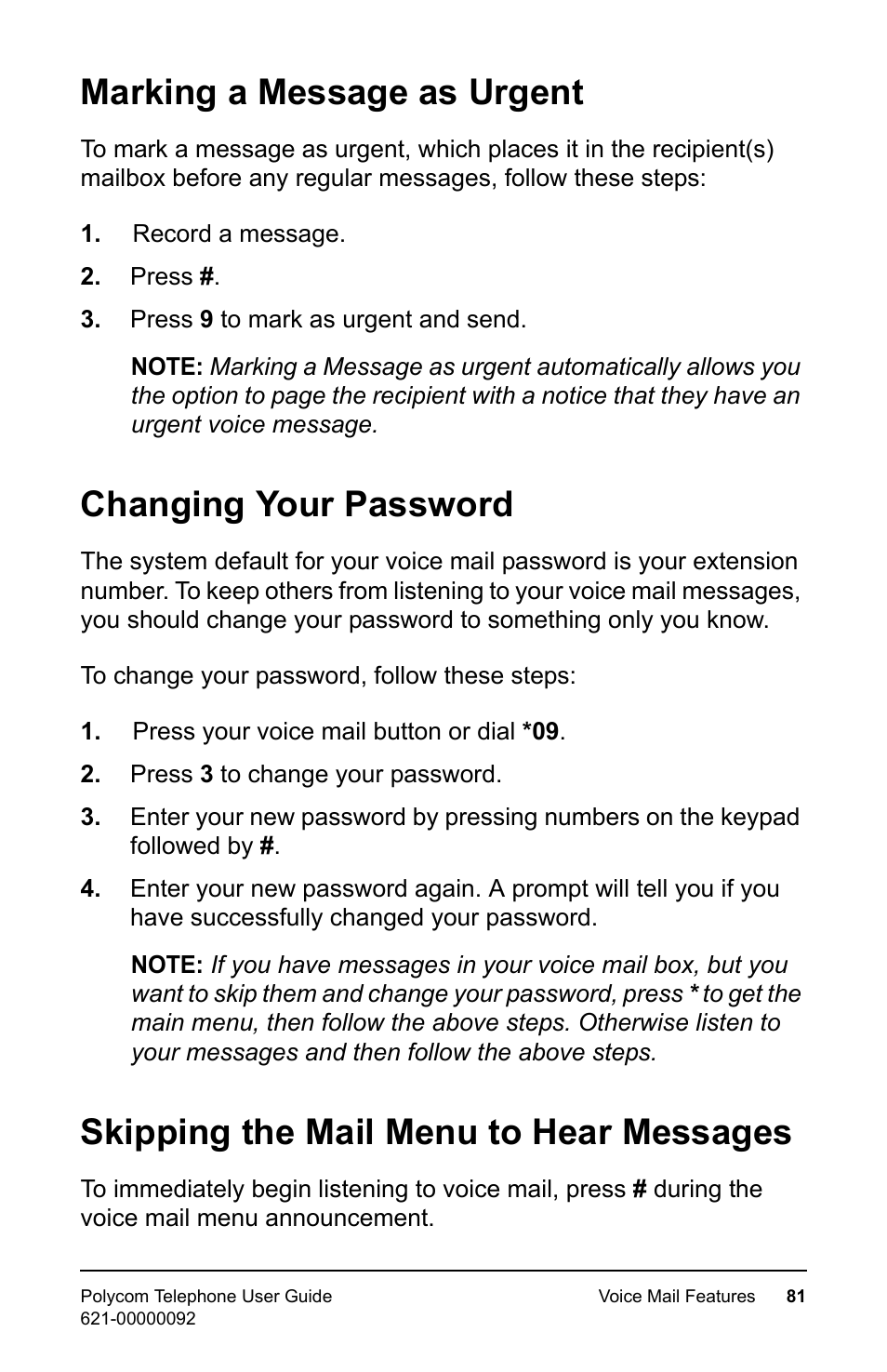 Marking a message as urgent, Changing your password, Skipping the mail menu to hear messages | Polycom 400 User Manual | Page 88 / 132