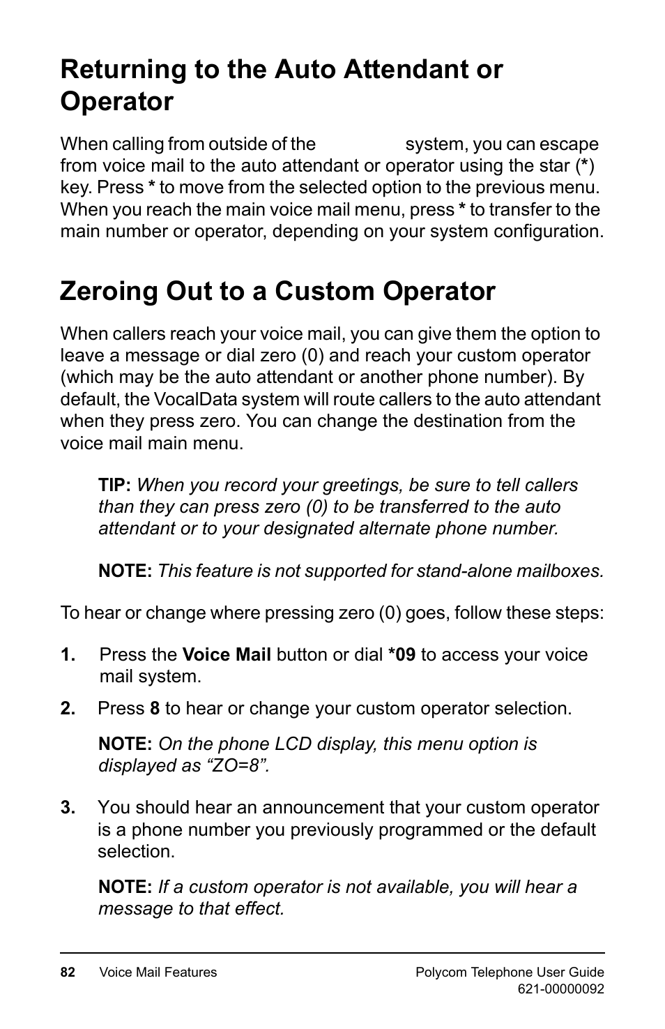 Returning to the auto attendant or operator, Zeroing out to a custom operator | Polycom 400 User Manual | Page 89 / 132