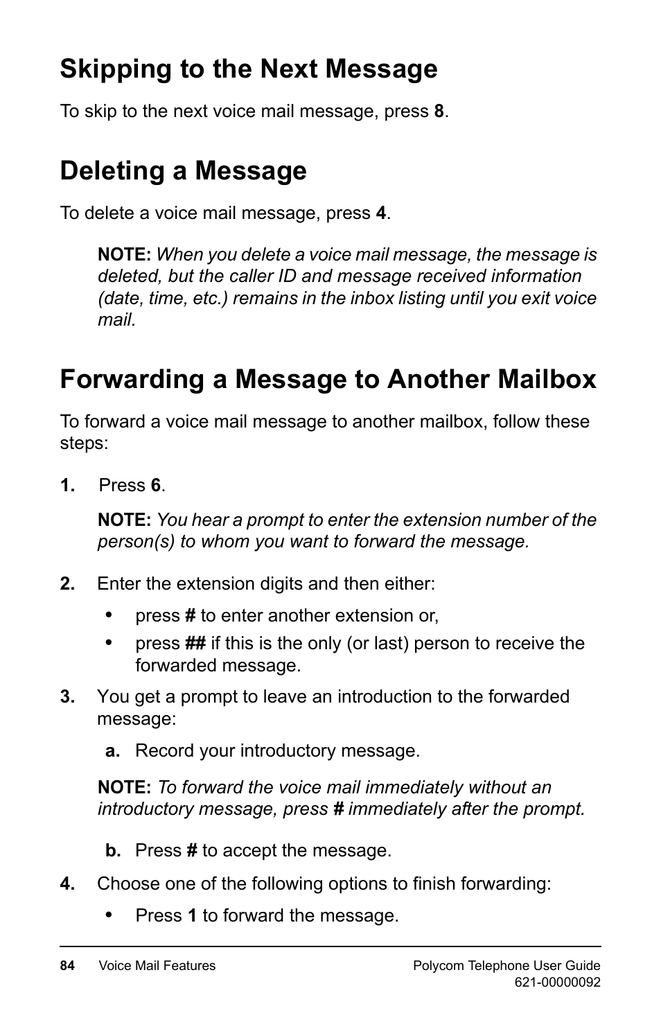 Skipping to the next message, Deleting a message, Forwarding a message to another mailbox | Polycom 400 User Manual | Page 91 / 132