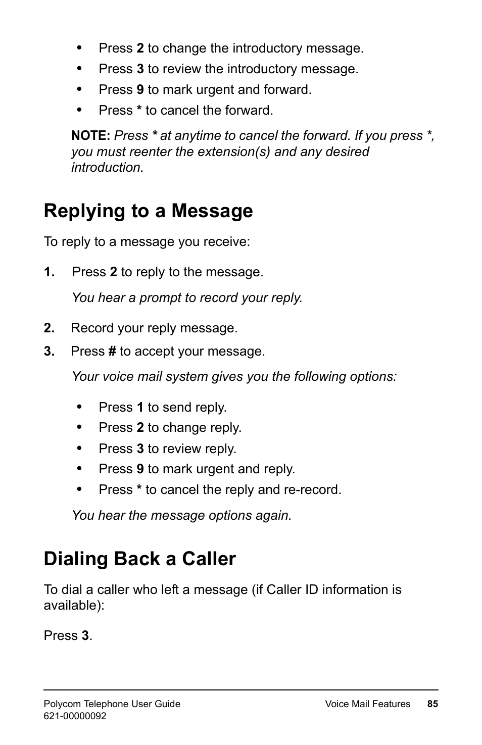 Replying to a message, Dialing back a caller, Replying to a message dialing back a caller | Polycom 400 User Manual | Page 92 / 132