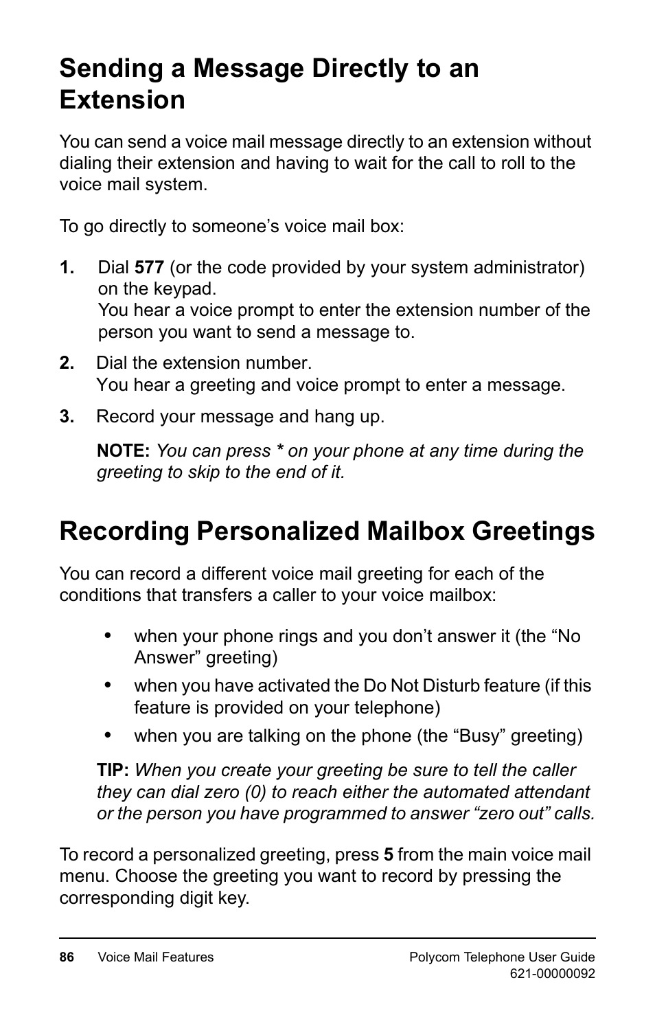 Sending a message directly to an extension, Recording personalized mailbox greetings | Polycom 400 User Manual | Page 93 / 132