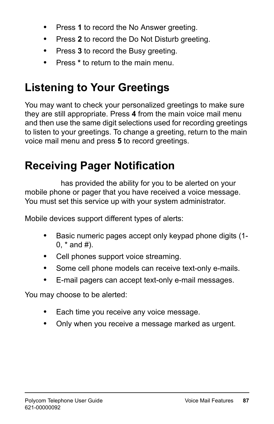 Listening to your greetings, Receiving pager notification | Polycom 400 User Manual | Page 94 / 132