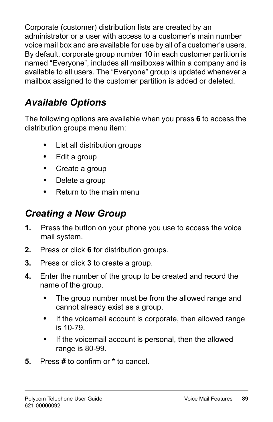 Available options, Creating a new group, Available options creating a new group | Polycom 400 User Manual | Page 96 / 132