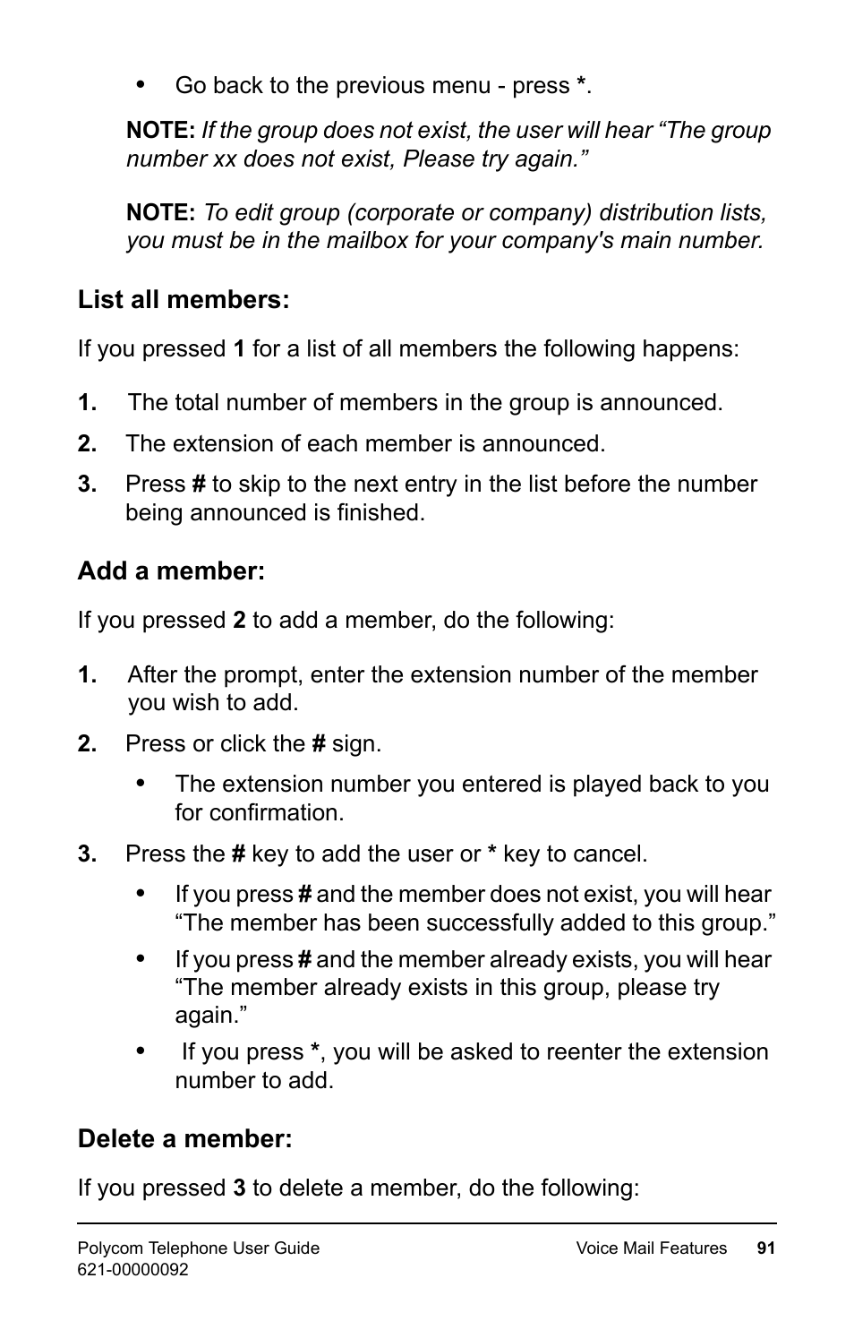 List all members, Add a member, Delete a member | List all members: add a member: delete a member | Polycom 400 User Manual | Page 98 / 132