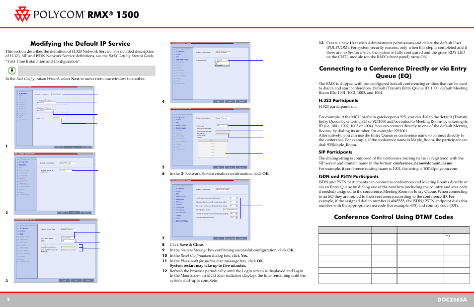 Modifying the default ip service, 8 click save & close, 10 in the reset confirmation dialog box, click yes | H.323 participants, Sip participants, Isdn and pstn participants, Conference control using dtmf codes, Rmx® 1500, Doc2565a | Polycom DOC2565A User Manual | Page 2 / 2