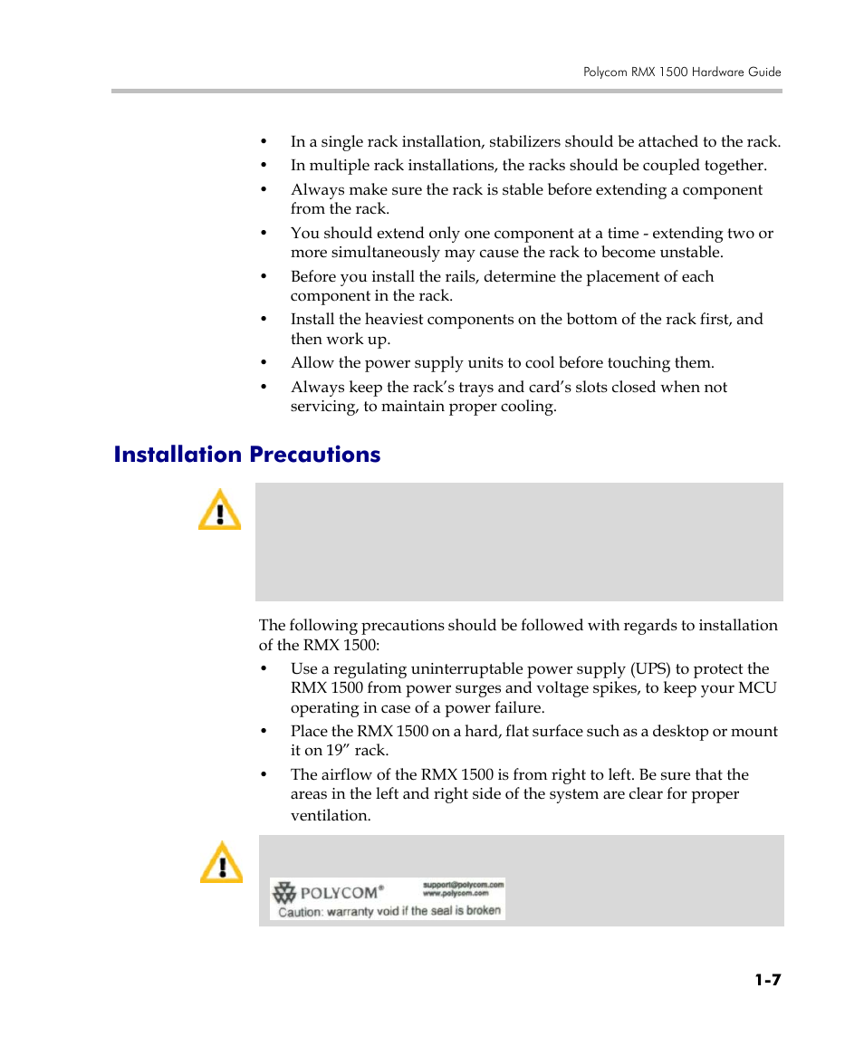 Installation precautions, Installation precautions -7 | Polycom RMX DOC2557C User Manual | Page 11 / 33