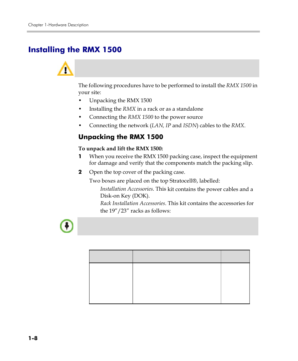 Installing the rmx 1500, Unpacking the rmx 1500, Installing the rmx 1500 -8 | Unpacking the rmx 1500 -8 | Polycom RMX DOC2557C User Manual | Page 12 / 33