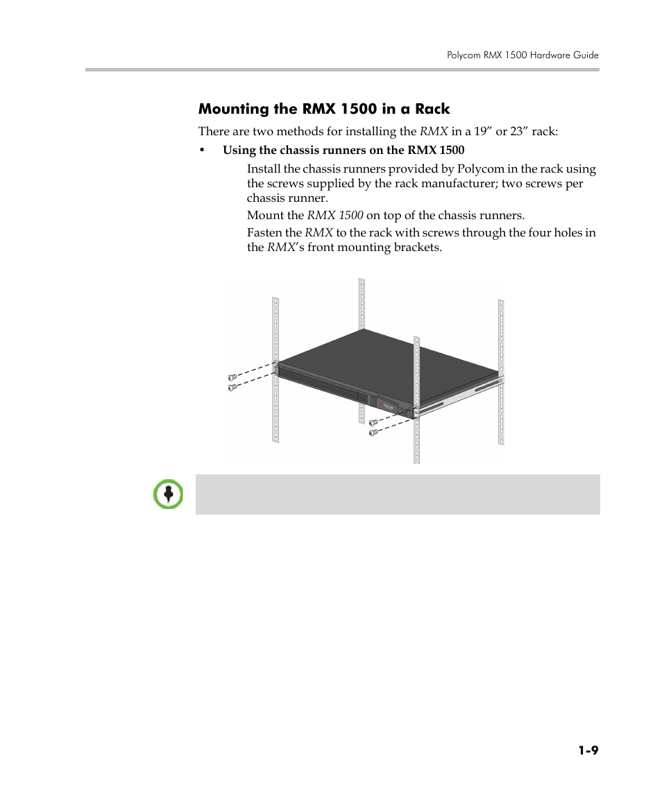 Mounting the rmx 1500 in a rack, Mounting the rmx 1500 in a rack -9 | Polycom RMX DOC2557C User Manual | Page 13 / 33