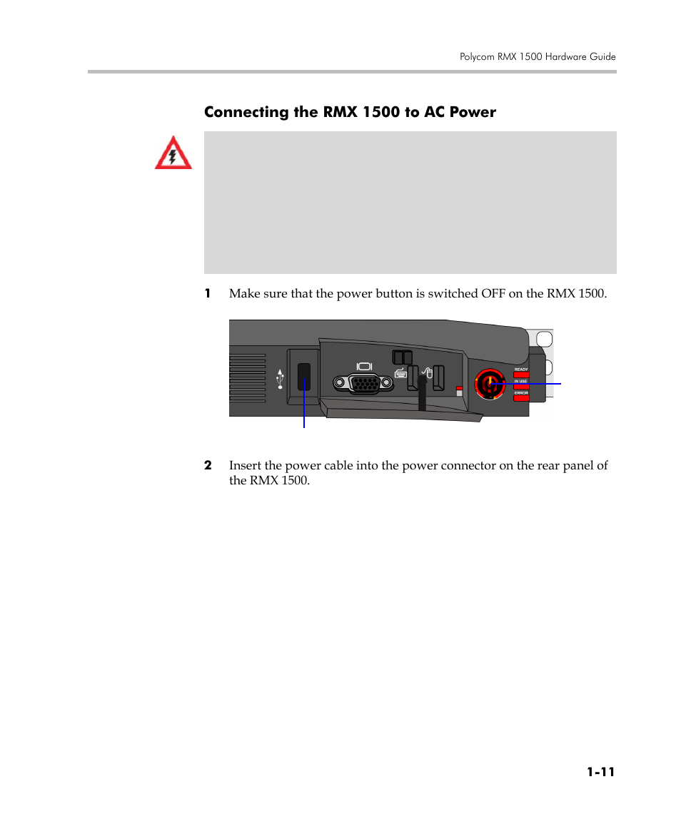 Connecting the rmx 1500 to ac power, Connecting the rmx 1500 to ac power -11 | Polycom RMX DOC2557C User Manual | Page 15 / 33