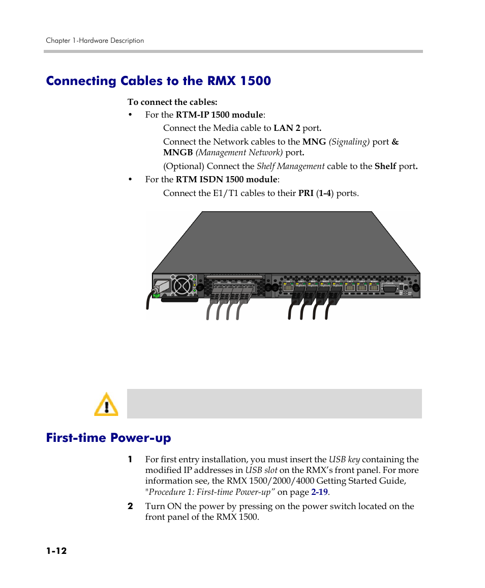 Connecting cables to the rmx 1500, First-time power-up | Polycom RMX DOC2557C User Manual | Page 16 / 33