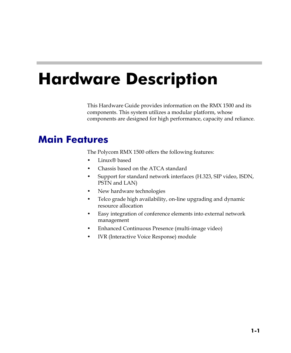 Hardware description, Main features, Hardware description -1 | Main features -1 | Polycom RMX DOC2557C User Manual | Page 5 / 33