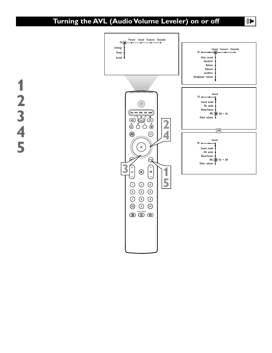 Turning the avl (audio volume leveler) on or off | Polycom 55PP9753 User Manual | Page 45 / 80