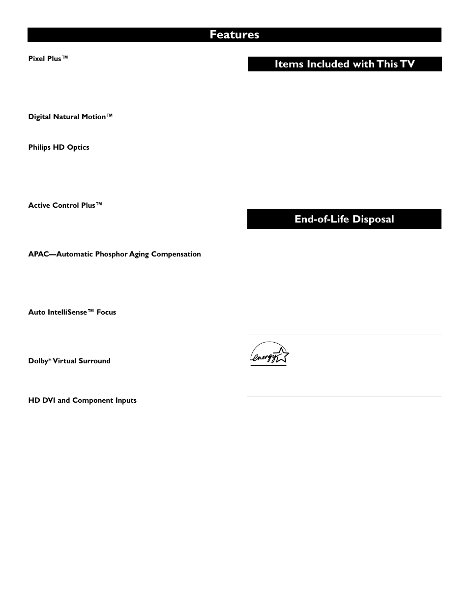 Features, Items included with this tv, End-of-life disposal | Polycom 55PP9753 User Manual | Page 5 / 80