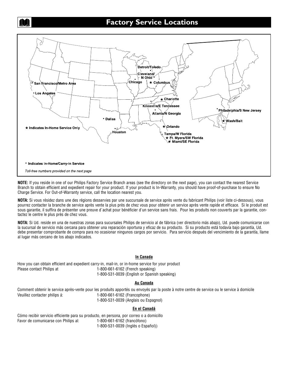 Factory service locations | Polycom 55PP9753 User Manual | Page 75 / 80