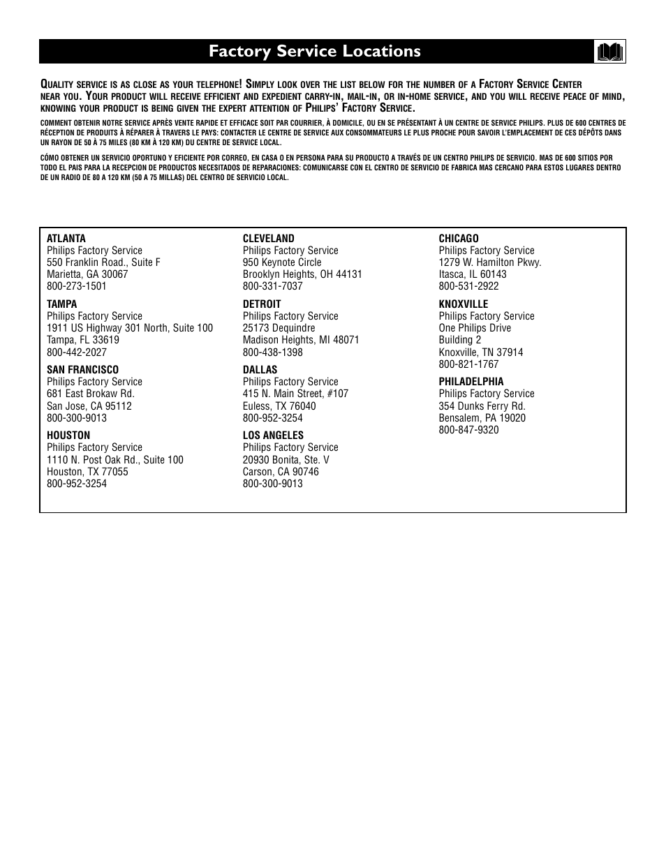Factory service locations | Polycom 55PP9753 User Manual | Page 76 / 80