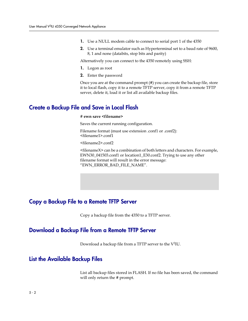 Create a backup file and save in local flash, Copy a backup file to a remote tftp server, Download a backup file from a remote tftp server | List the available backup files | Polycom V2IU 4350 User Manual | Page 102 / 120