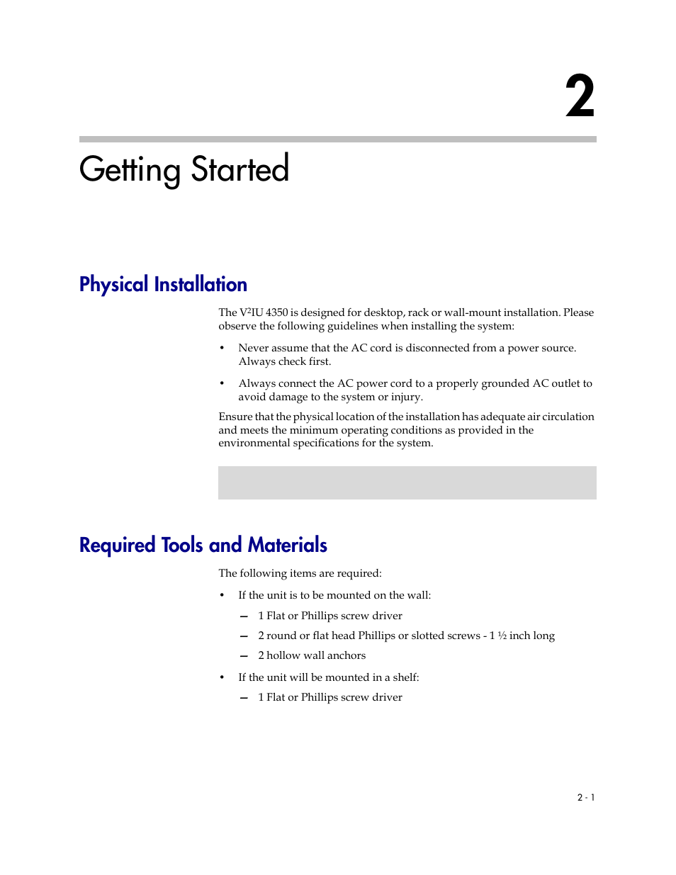 Getting started, Physical installation, Required tools and materials | 2 getting started –1 | Polycom V2IU 4350 User Manual | Page 13 / 120