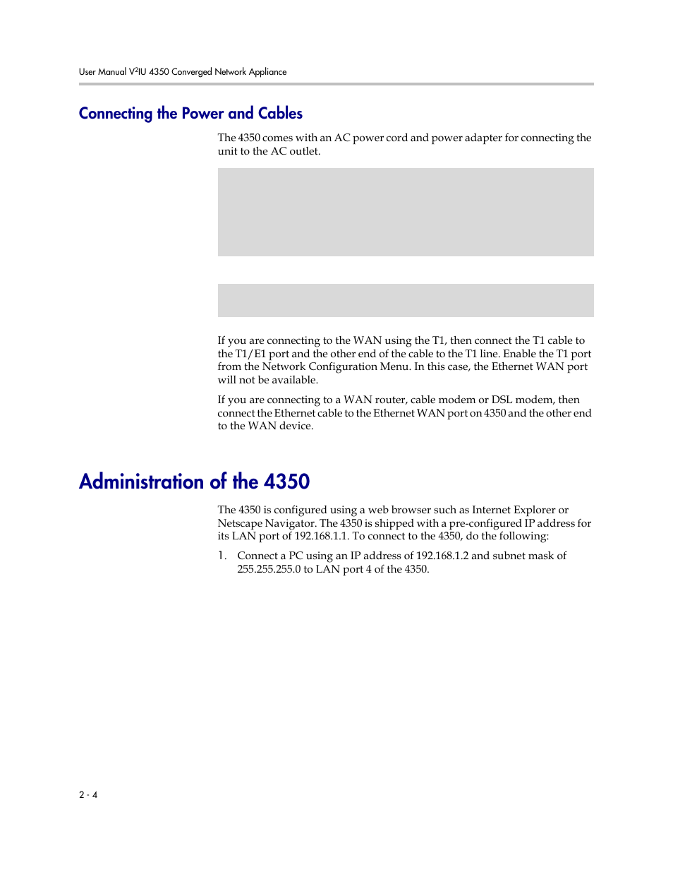 Connecting the power and cables, Administration of the 4350, Connecting the power and cables –4 | Administration of the 4350 –4 | Polycom V2IU 4350 User Manual | Page 16 / 120