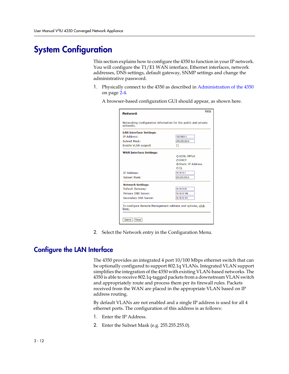 System configuration, Configure the lan interface, System configuration –12 | Configure the lan interface –12 | Polycom V2IU 4350 User Manual | Page 30 / 120